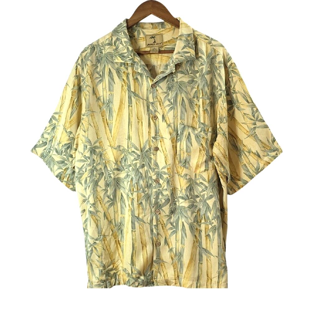 Mens Sz L 100% Silk Hawaiian Island Vacation Tropical Bamboo Short Sleeve Shirt